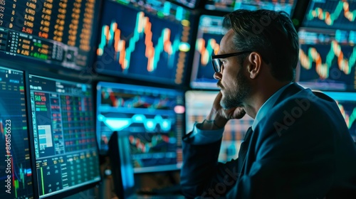 A stock trader surrounded by multiple computer screens, monitoring stock prices and executing trades in a fast-paced environment. photo