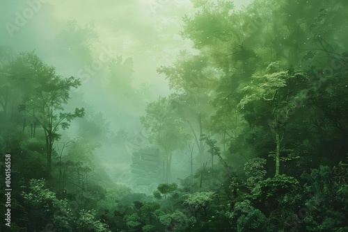 A serene landscape depicting a lush forest in the early morning mist embodies a Creative Banner of environmental beauty