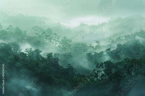 A serene landscape depicting a lush forest in the early morning mist embodies a Creative Banner of environmental beauty
