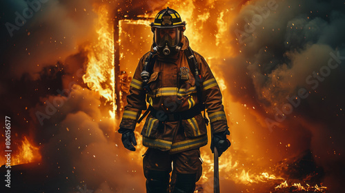 A firefighter exiting burning building with fire axe  heroic pose. Generative AI.