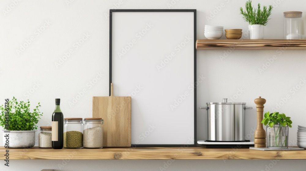 Mock up poster frame in kitchen interior with white wall on wood shelf. Mock up poster frame in kitchen interior with white wall on wood shelf.