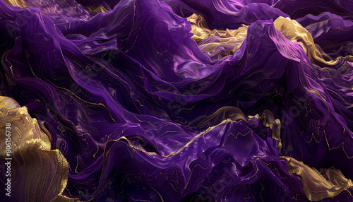 A dramatic and powerful scene of deep purple and gold waves merging, creating a luxurious visual that mimics the opulence of a baroque painting.