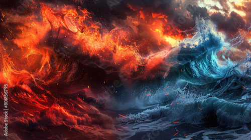 A dramatic and intense scene of fiery red and icy blue waves crashing together, creating a powerful visual spectacle that resembles a clash of elemental forces. photo