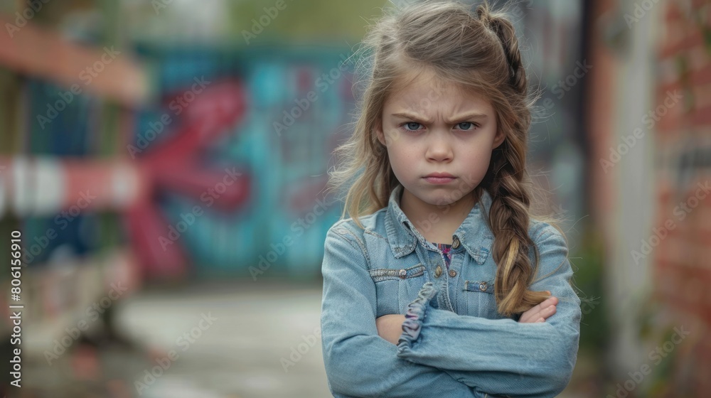a sullen little girl standing with her arms crossed in front of her school on the street, expressing anger and frustration. and fatigue from problems in the learning environment. a sullen little girl standing with her arms crossed in front of her school on the street, expressing anger and frustration. and fatigue from problems in the learning environment.