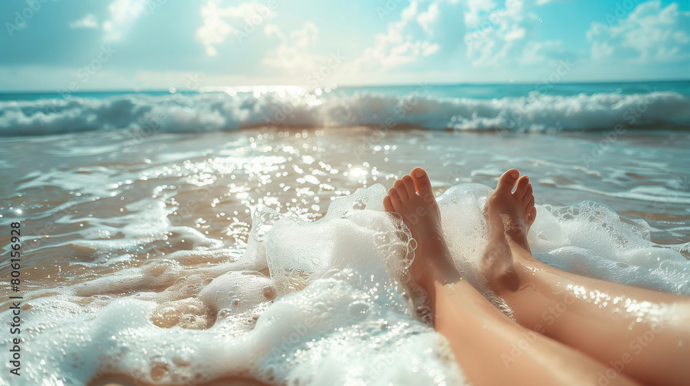 Summer seasonal template background design with copy-space for text. Close-up view of legs and foots sitting on a beach with smooth and clear ocean wave and clean beach .