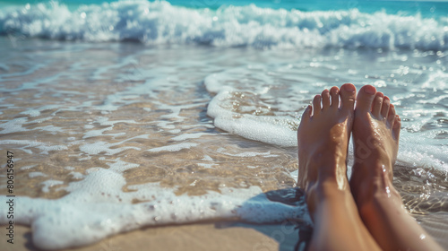 Summer seasonal template background design with copy-space for text. Close-up view of legs and foots sitting on a beach with smooth and clear ocean wave and clean beach . photo