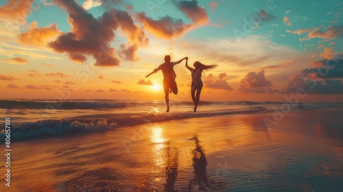 Young couple running and jumping on the beach at sunset, having fun together in love during summer vacation. photo