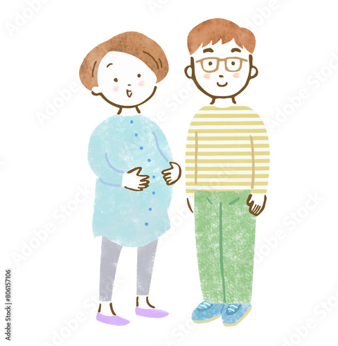 妊婦さん夫婦の全身手描きイラスト