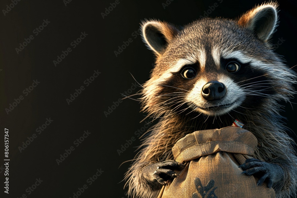 A sly cartoon raccoon with a loot bag full shot
