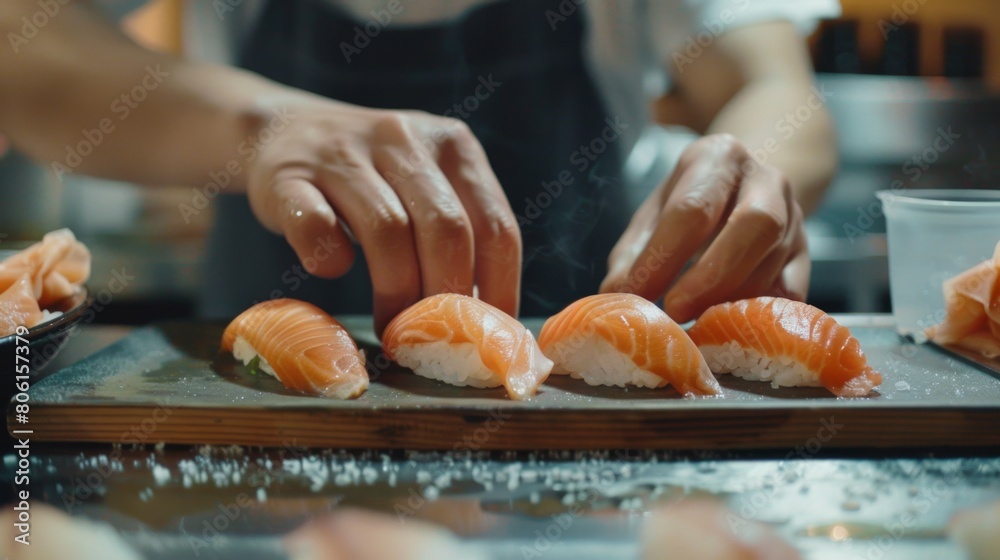 A sushi chef preparing salmon nigiri sushi, delicately placing slices of fresh fish on seasoned rice for an authentic Japanese treat.