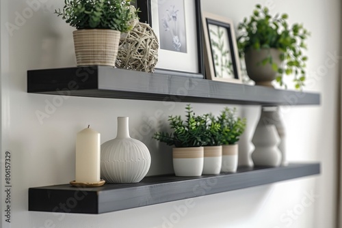 plants ports and picture frames on shelves on the wall photo