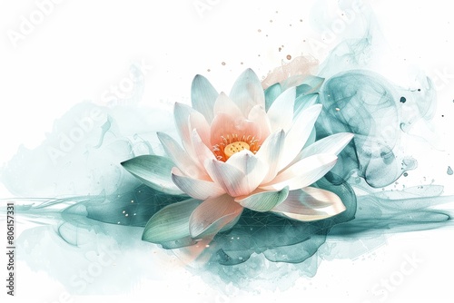 A single object clipart of an abstract lotus flower with fractal patterns merging into soft watercolor foliage
