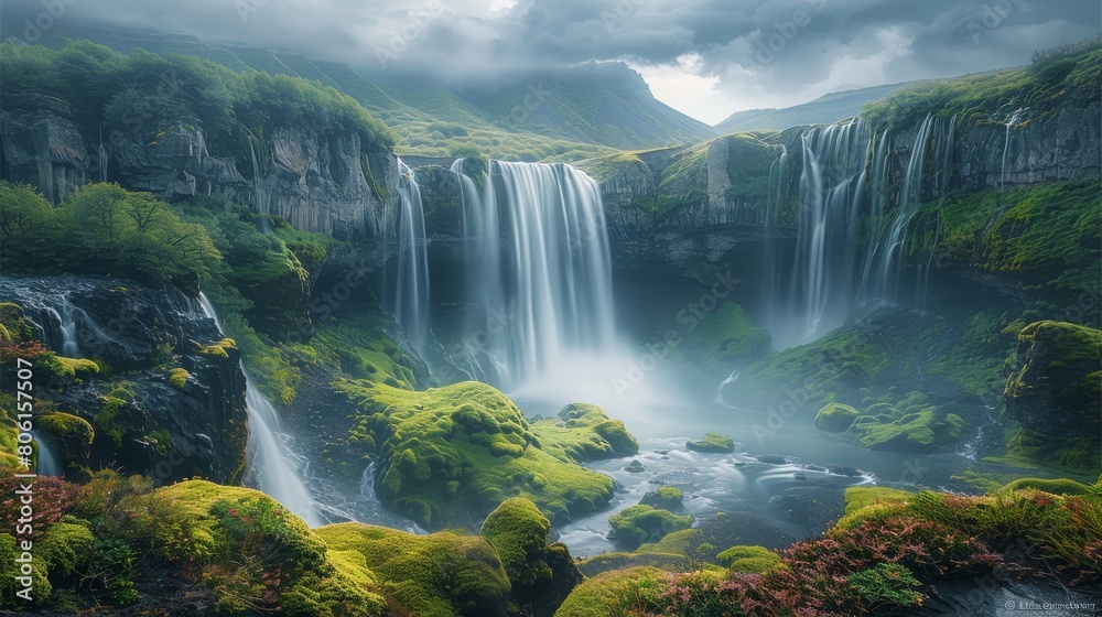 Fototapeta premium A big waterfall, high angle, natural light, cascading waterfalls and green vegetation, magnificent scenery. After the rain, the weather was cloudy, the background was blue mountains. Generative AI.
