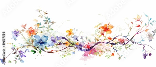 Clipart of a mystical watercolor garden with fractal vines intertwining amongst colorful flowers