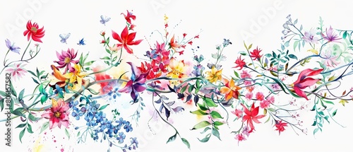 Clipart of a mystical watercolor garden with fractal vines intertwining amongst colorful flowers