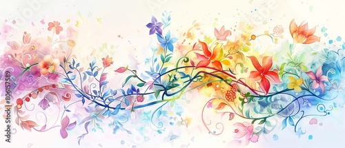 Clipart of a mystical watercolor garden with fractal vines intertwining amongst colorful flowers