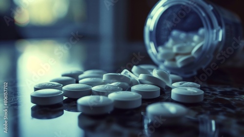 Dynamic shot of pills spilling from an open bottle onto a shiny surface intense focus on pills photo