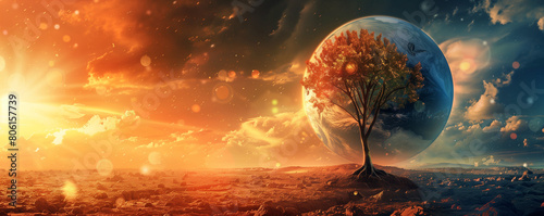 global warming, rtistic depiction of a surreal landscape featuring a vibrant sunset, with two contrasting worlds unified by a single tree. photo