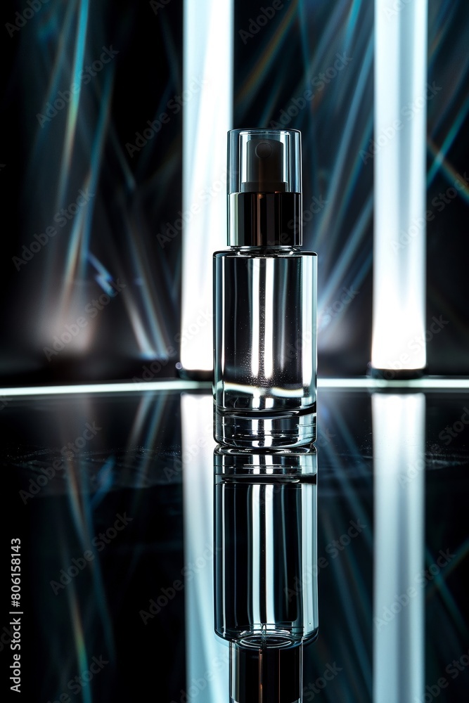 Shiny serum cosmetic bottle positioned on a reflective black mirror Shiny serum cosmetic bottle positioned on a reflective black mirror