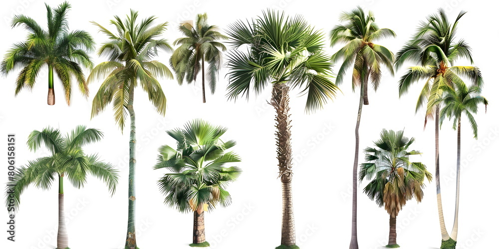 Fototapeta premium Tropical Palm Trees Botanical Illustration Exotic Flora Species Diversity isolated on white