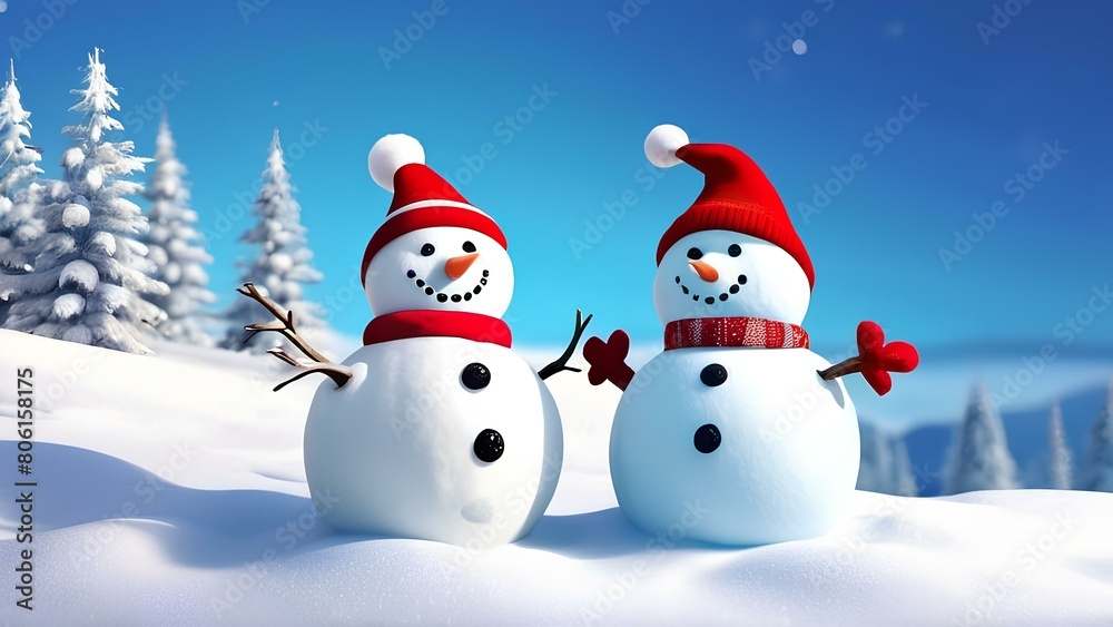 Two snowmen wearing red hats and scarves are standing next to each other in the snow. The scene is set in a winter landscape with trees in the background. The snowmen appear to be smiling Two snowmen wearing red hats and scarves are standing next to each other in the snow. The scene is set in a winter landscape with trees in the background. The snowmen appear to be smiling