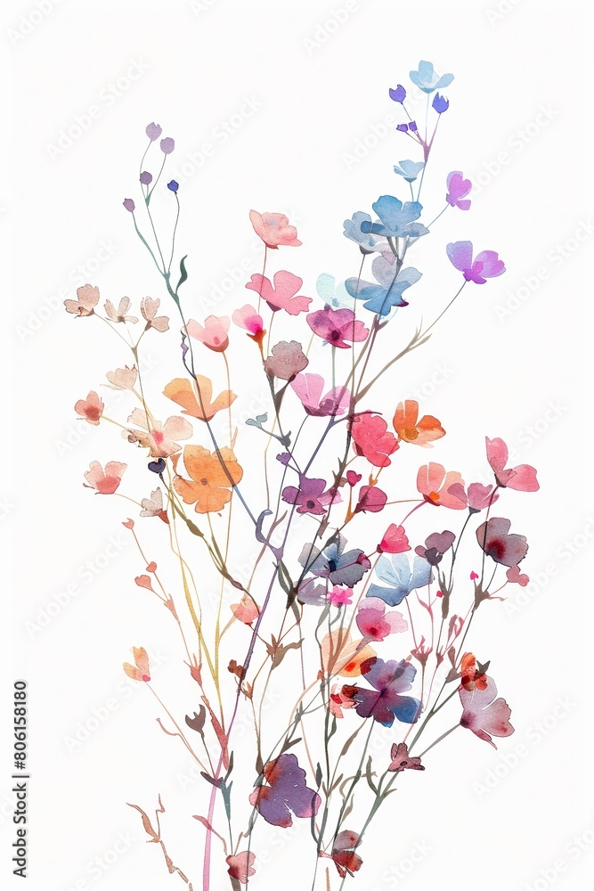 Watercolor clipart of a series of small delicate flowers with fractal-enhanced stems
