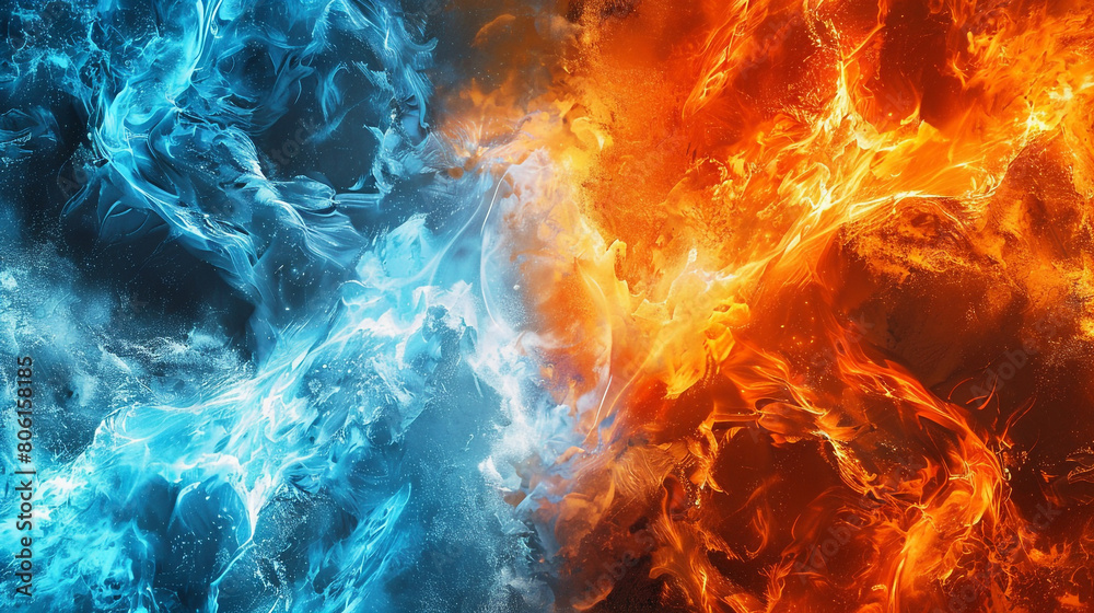 A dynamic clash of electric blue and bright orange waves, their vigorous interaction creating a stunning display of power and color.