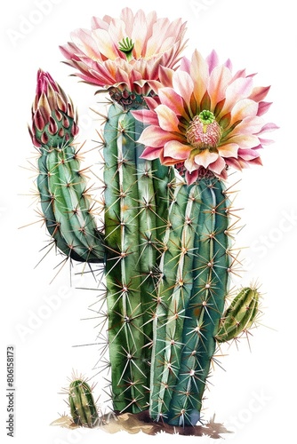 Single object clipart of a watercolor cactus with fractal spikes showcasing vibrant flowers and detailed foliage