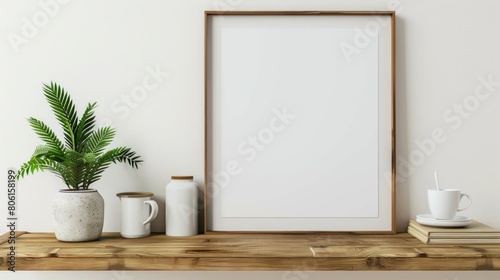 Mock up poster frame in kitchen interior with white wall on wood shelf. 