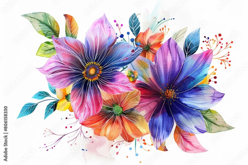 Watercolor illustration of a vibrant bouquet of wildflowers featuring intricate fractal decorations on each petal Watercolor illustration of a vibrant bouquet of wildflowers featuring intricate fractal decorations on each petal
