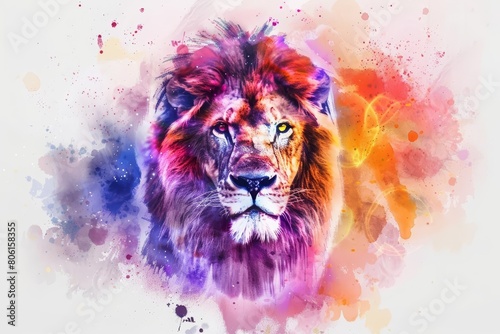 Creative watercolor animal, a majestic lion in the wild, rendered in cyberpunk styles, clipart kawaii watercolor on white background