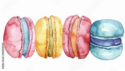 Cute water color food, a stack of colorful macarons, in kawaii styles, clipart watercolor on white background