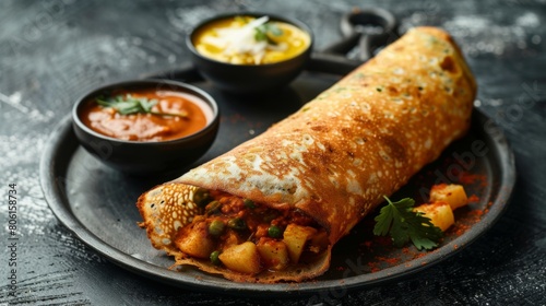 A traditional Indian masala dosa filled with spiced potatoes and served with coconut chutney and sambar, a popular South Indian breakfast. photo