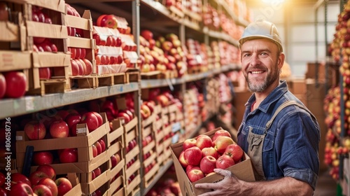 Smiling Farmer Holding a Box of Fresh Apples in a Warehouse. Generative ai photo