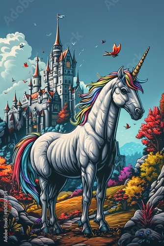 Fairytale Castle, A unicorn standing regally in front of a majestic fairytale castle photo