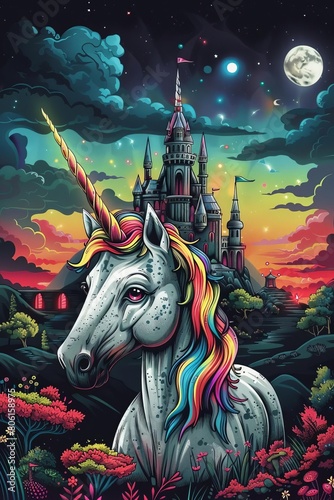 Fairytale Castle, A unicorn standing regally in front of a majestic fairytale castle photo