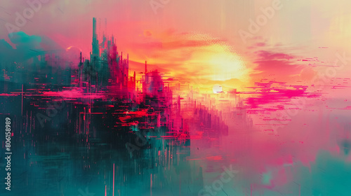 Abstract glitch art background with distorted pixels and digital artifacts, offering a futuristic and surreal aesthetic. 