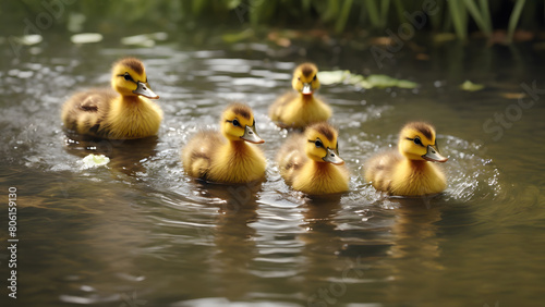A close-up of a group of playful yellow ducklings enjoying a splash in the water against a natural backdrop. Ideal for ducklings or animal contents.