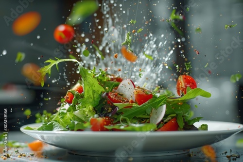Enjoy the casual dining ambience with a salad that transforms into an explosion scattering flavors, all presented in a nice shot sharpened for an engaging banner