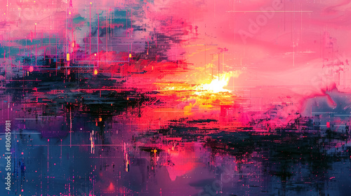 Abstract glitch art background with distorted pixels and digital artifacts, offering a futuristic and surreal aesthetic.  photo
