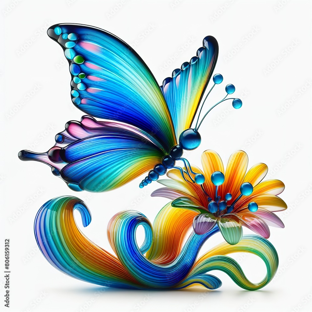 A stunning blown glass sculpture of a playful, a Butterfly landed on a flower with seamlessly blended rainbow colors, white background