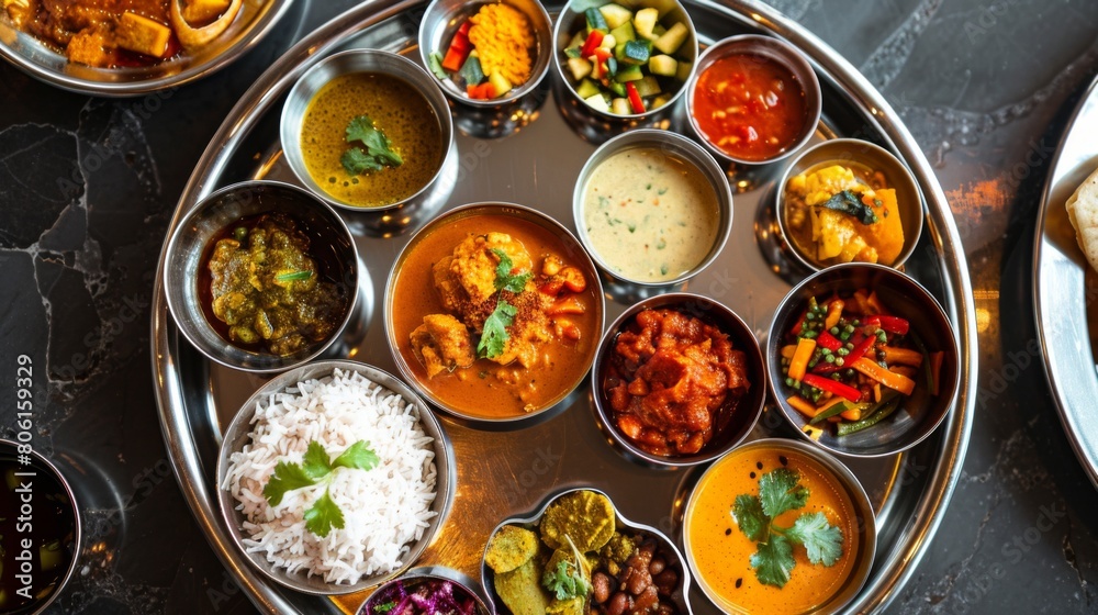 A traditional Indian thali meal with a variety of curries, chutneys, and pickles served in small bowls on a stainless steel tray. A traditional Indian thali meal with a variety of curries, chutneys, and pickles served in small bowls on a stainless steel tray.