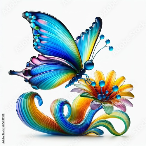 A stunning blown glass sculpture of a playful  a Butterfly landed on a flower with seamlessly blended rainbow colors  white background