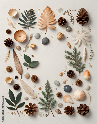 Serene and earthy arrangement of natural objects, including various leaves, pine cones, seashells, acorns, and seed pods, on a light background, emphasizing diversity of nature, Generative AI. (ID: 806159324)