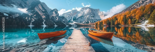 Beautiful view of Lake with red rowing boats and mountains in the background. nature background