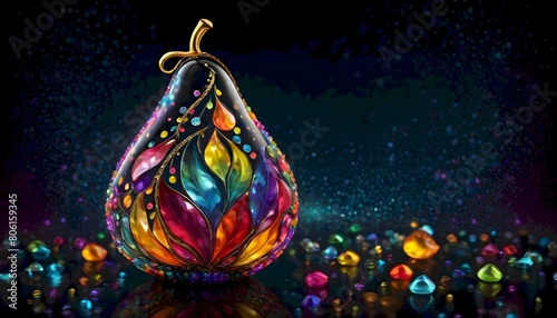 Vibrantly colored, pear shaped glass adorned with multicolored gems, set against a dark background, creating a magical and enchanting atmosphere, Generative AI. (ID: 806159345)