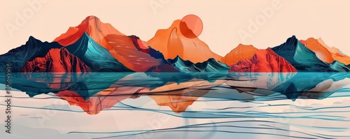 An abstract art landscape combines minimalist line art with vibrant colors to depict mountains and oceans