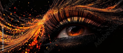False lashes twisting into a fiery explosion on a dark black background, designed for an extravagant fashion show scene, captured in Luxury styles, Nice shot sharpen for banner photo
