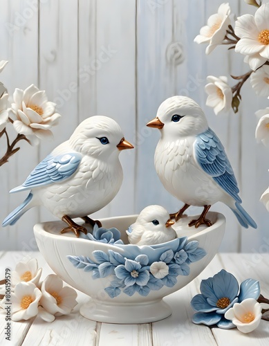 Charming ceramic bird figurines, two adults and a chick, on a decorative bowl adorned with floral designs, against a rustic white wooden background, with a serene and homely atmosphere, Generative AI. (ID: 806159579)