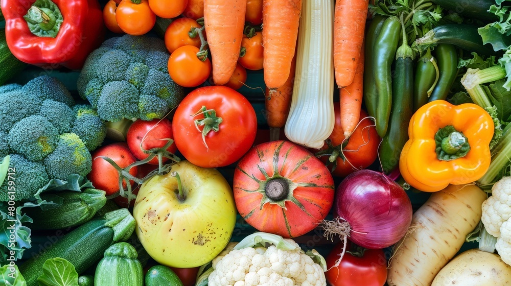 Healthy vegetables and fruits background image, against a dark grey slate background
